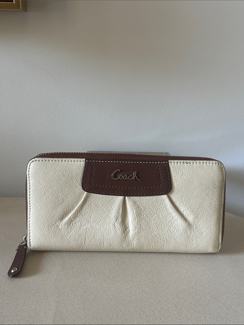 Coach Cream Vintage Pebbled Leather Zip-Around Wallet with Brown Trim
